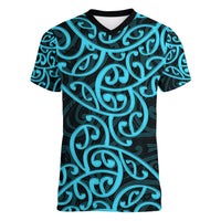 New Zealand Women V Neck T Shirt Maori Pattern Light Blue LT6 Female Blue - Polynesian Pride