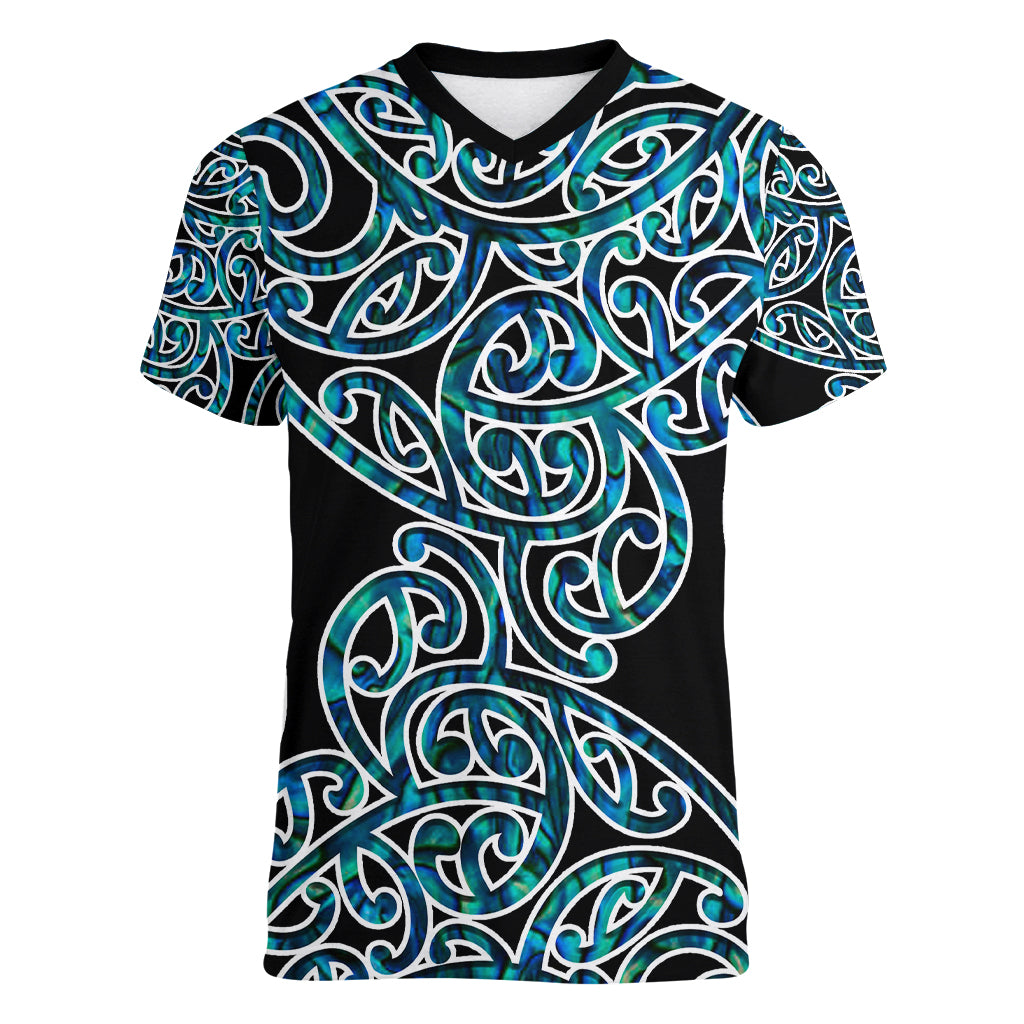 New Zealand Women V Neck T Shirt Maori Pattern Papua Shell LT6 Female Green - Polynesian Pride