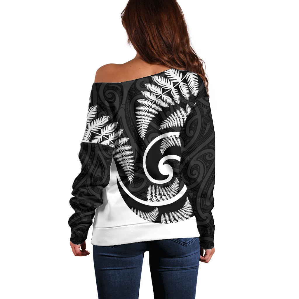 New Zealand Off Shoulder Sweater Maori With Silver Fern White LT6 - Polynesian Pride