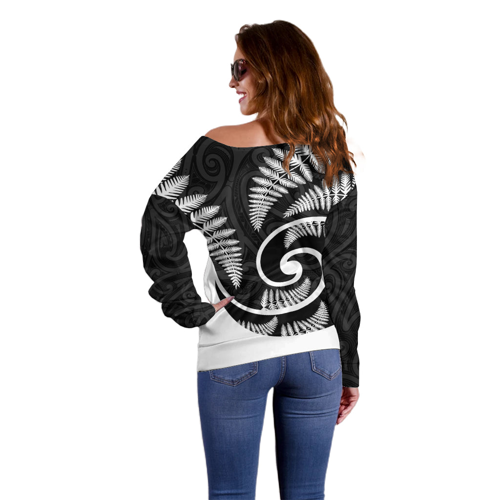 New Zealand Off Shoulder Sweater Maori With Silver Fern White LT6 - Polynesian Pride