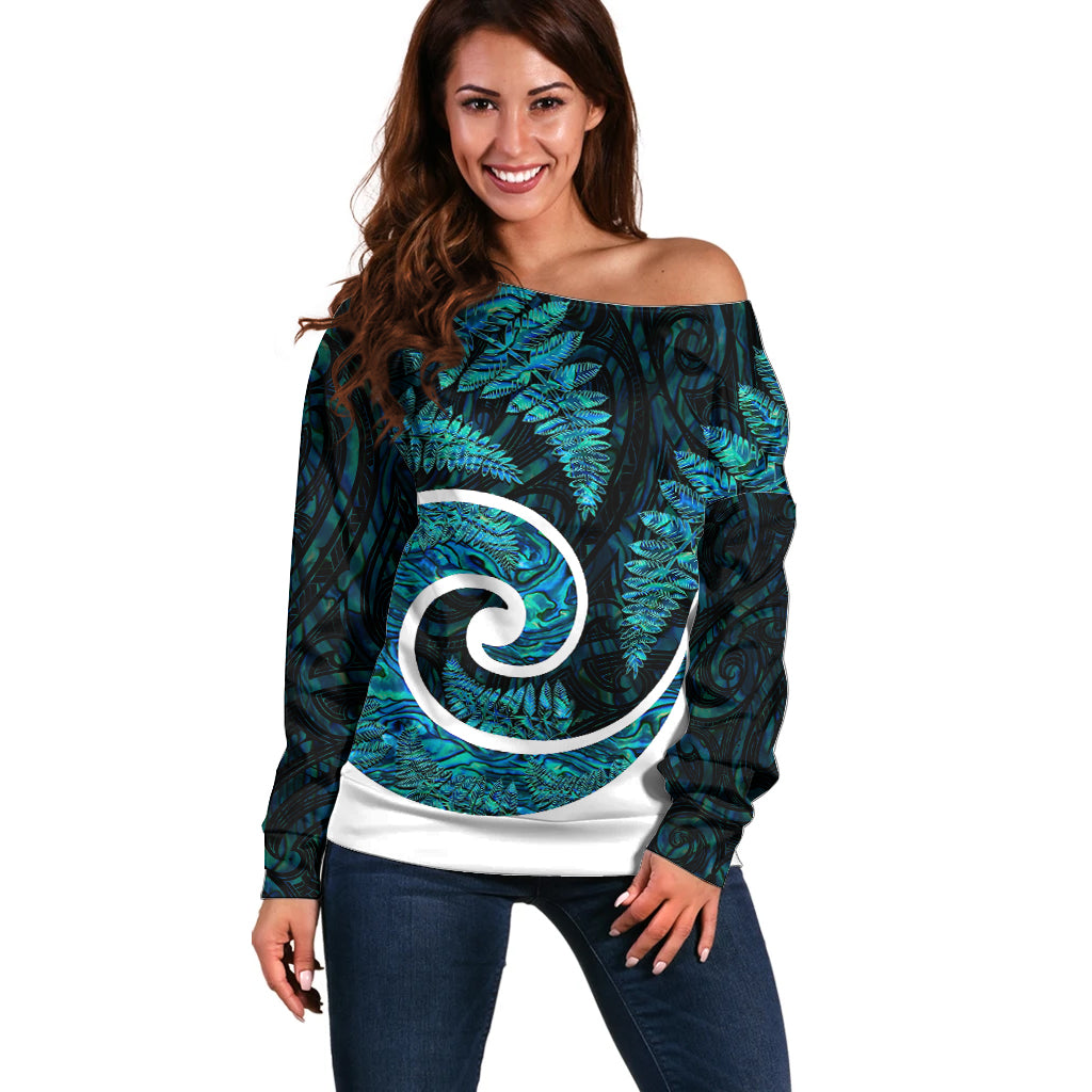 New Zealand Off Shoulder Sweater Maori With Silver Fern Papua Shell Green Ver.1 LT6 Women Green - Polynesian Pride