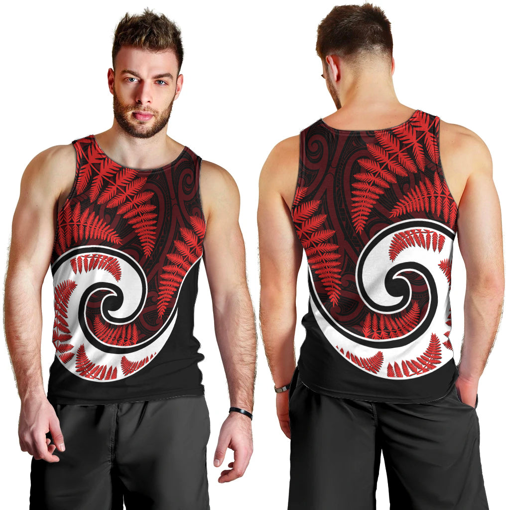 New Zealand Men Tank Top Maori With Silver Fern Red LT6 - Polynesian Pride