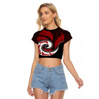 New Zealand Raglan Cropped T Shirt Maori With Silver Fern Red LT6 Female Red - Polynesian Pride