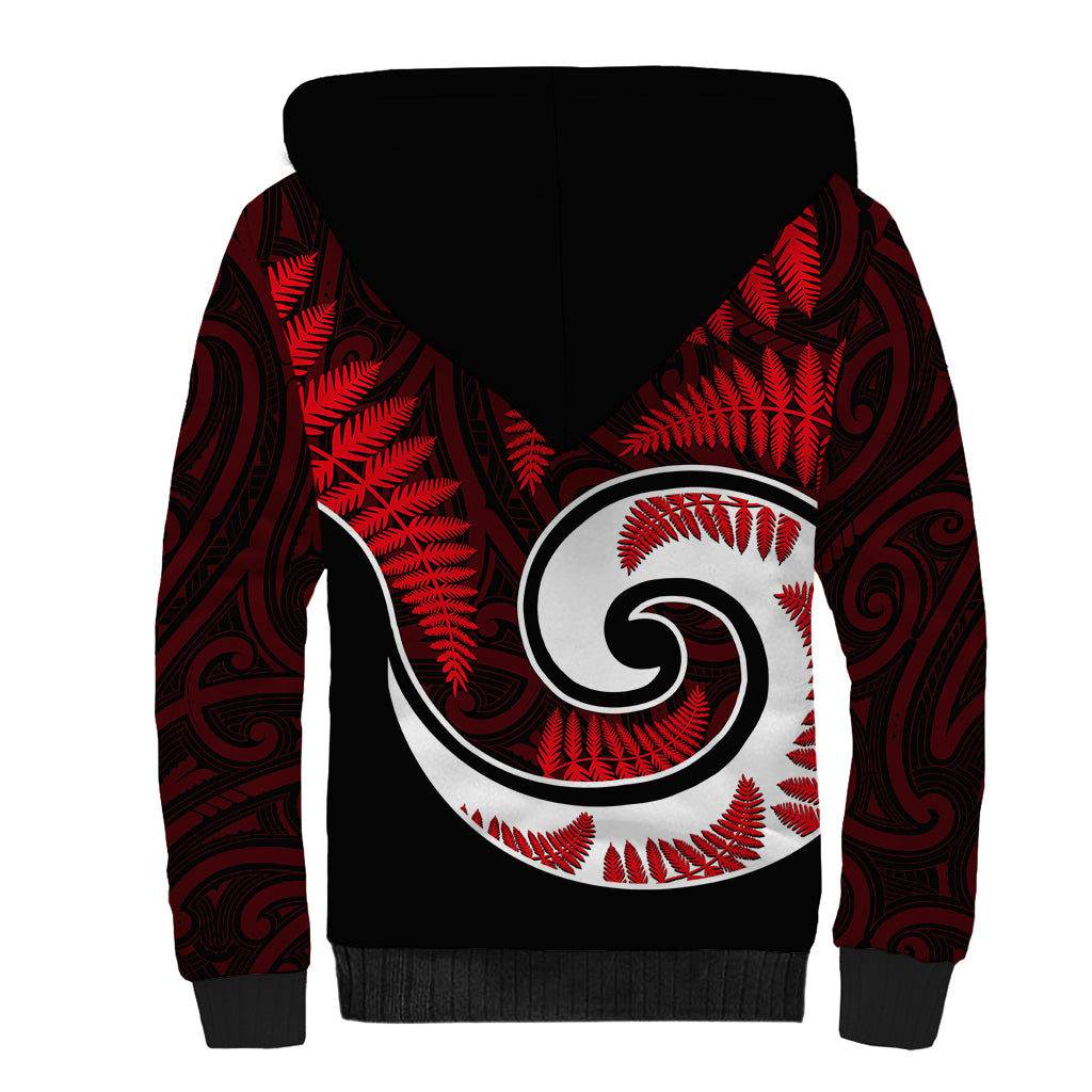 New Zealand Sherpa Hoodie Maori With Silver Fern Red LT6 - Polynesian Pride