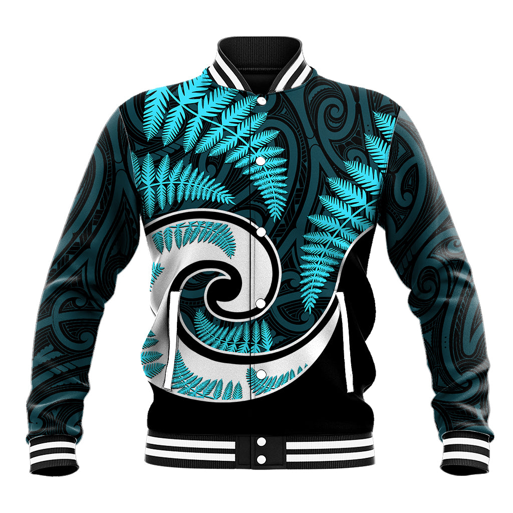 New Zealand Baseball Jacket Maori With Silver Fern Light Blue LT6 Unisex Blue - Polynesian Pride