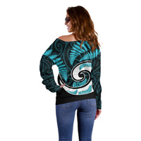 New Zealand Off Shoulder Sweater Maori With Silver Fern Light Blue LT6 - Polynesian Pride