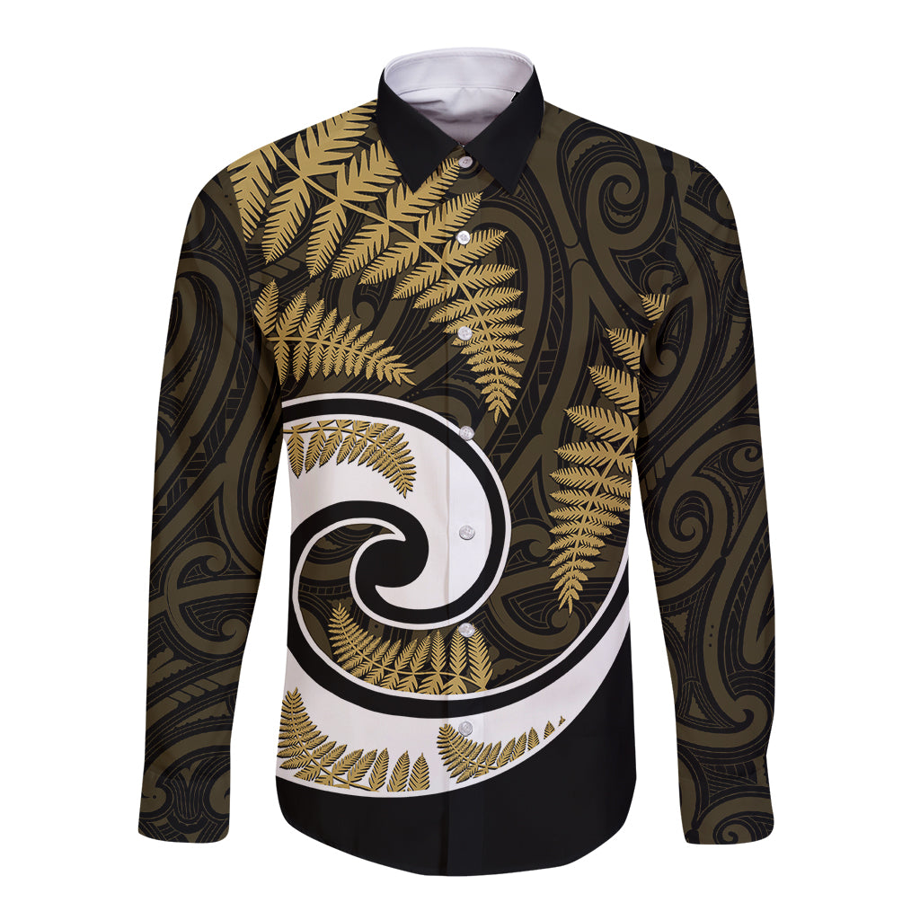New Zealand Long Sleeve Button Shirt Maori With Silver Fern Gold LT6 Unisex Gold - Polynesian Pride