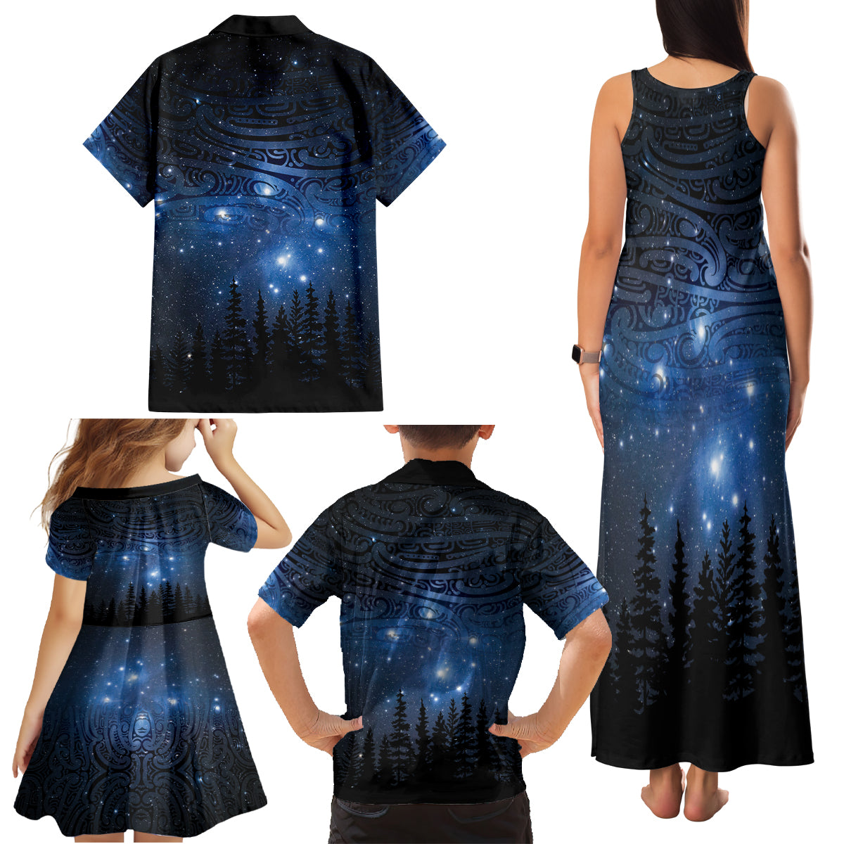 Matariki Te Tau Hou Māori Family Matching Tank Maxi Dress and Hawaiian Shirt New Zealand Starry Sky