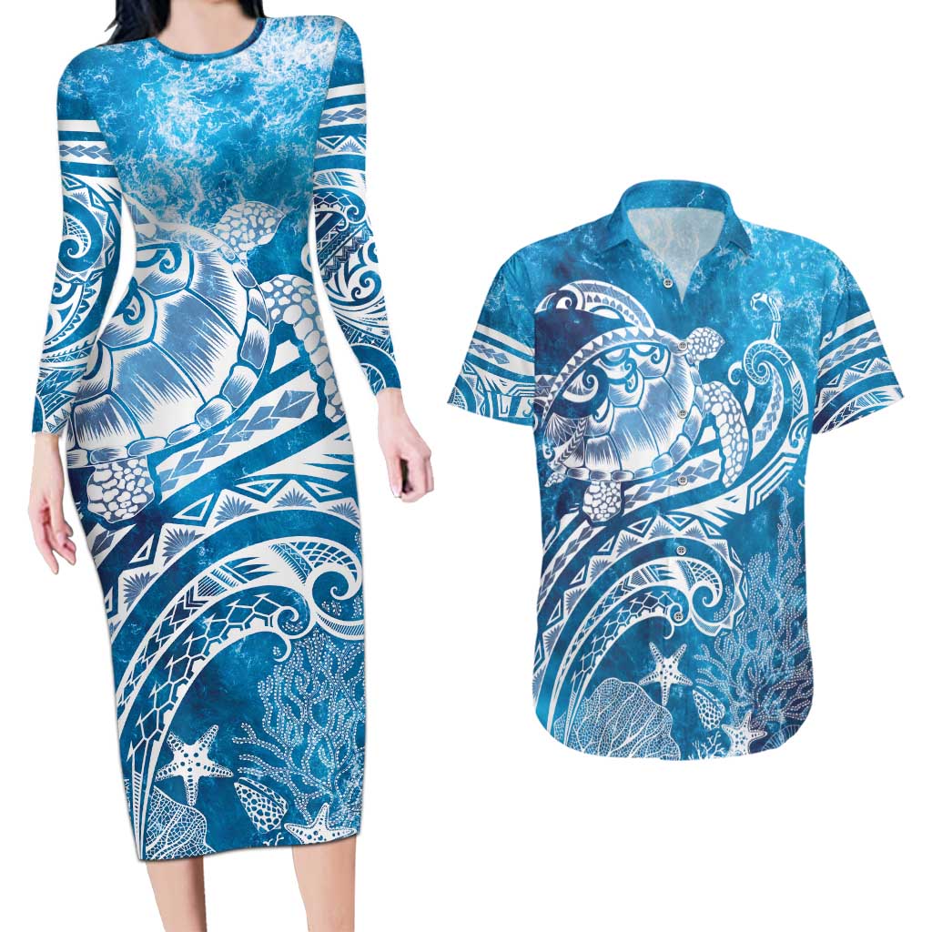 World Ocean Day Polynesian Pattern Couples Matching Long Sleeve Bodycon Dress and Hawaiian Shirt Crystal Waves