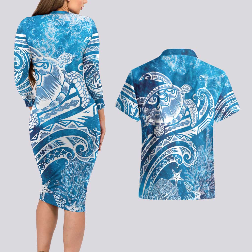 World Ocean Day Polynesian Pattern Couples Matching Long Sleeve Bodycon Dress and Hawaiian Shirt Crystal Waves