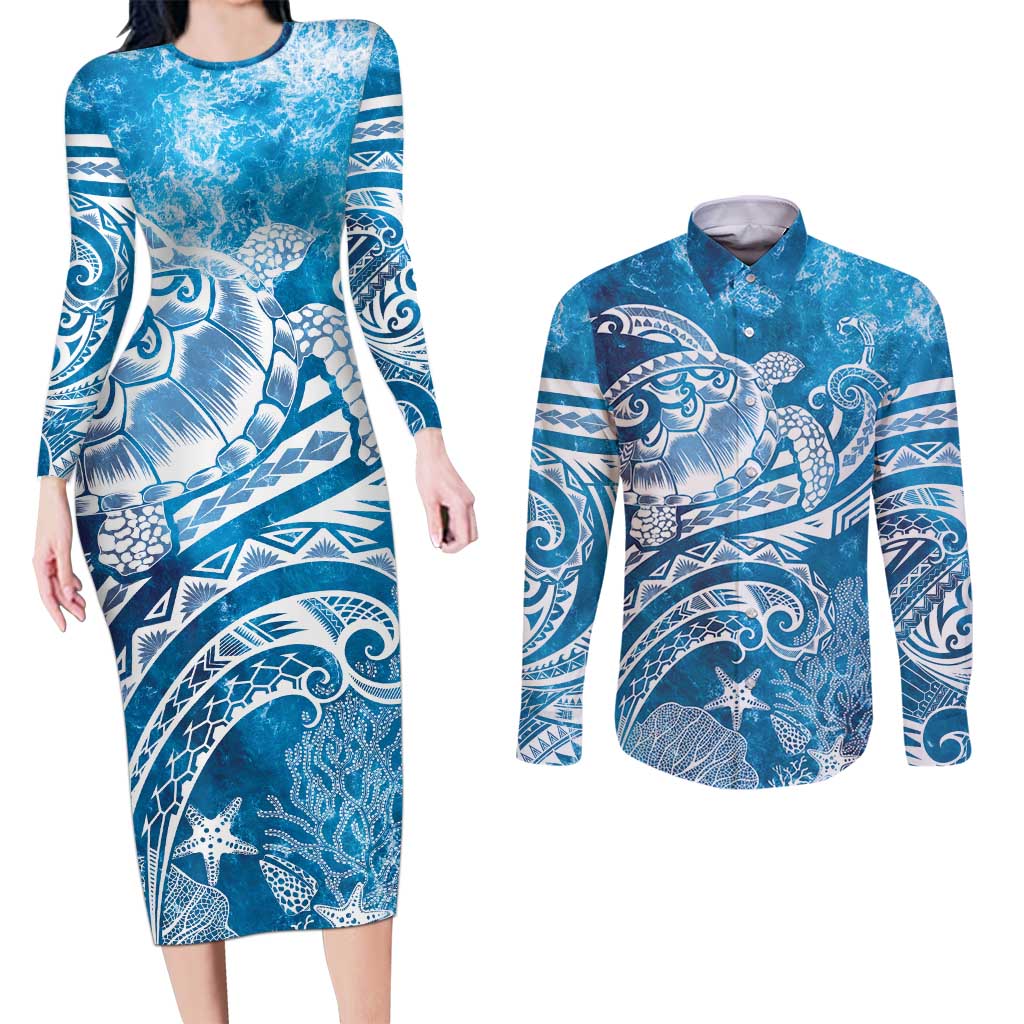 World Ocean Day Polynesian Pattern Couples Matching Long Sleeve Bodycon Dress and Long Sleeve Button Shirt Crystal Waves