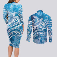 World Ocean Day Polynesian Pattern Couples Matching Long Sleeve Bodycon Dress and Long Sleeve Button Shirt Crystal Waves