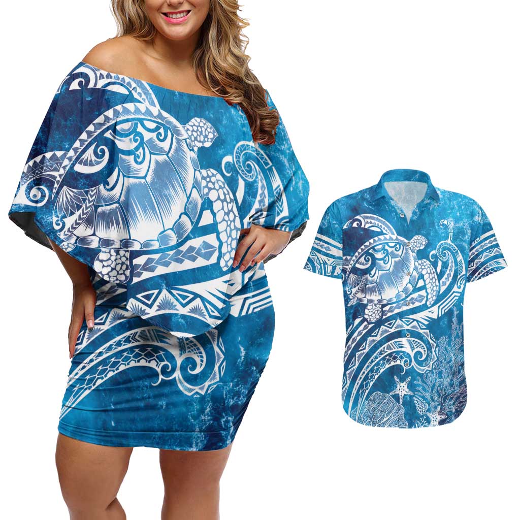 World Ocean Day Polynesian Pattern Couples Matching Off Shoulder Short Dress and Hawaiian Shirt Crystal Waves