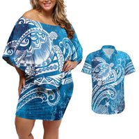 World Ocean Day Polynesian Pattern Couples Matching Off Shoulder Short Dress and Hawaiian Shirt Crystal Waves