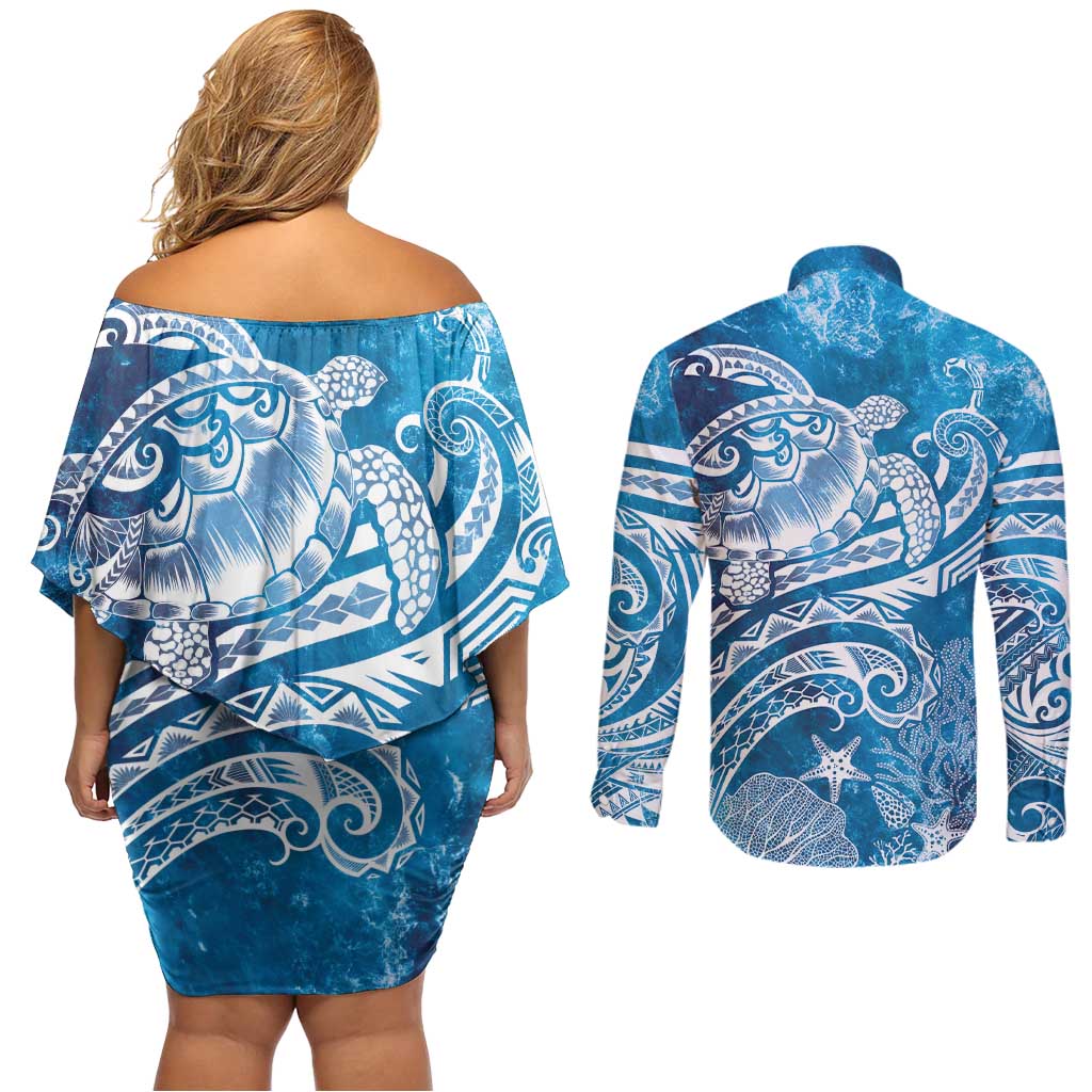 World Ocean Day Polynesian Pattern Couples Matching Off Shoulder Short Dress and Long Sleeve Button Shirt Crystal Waves