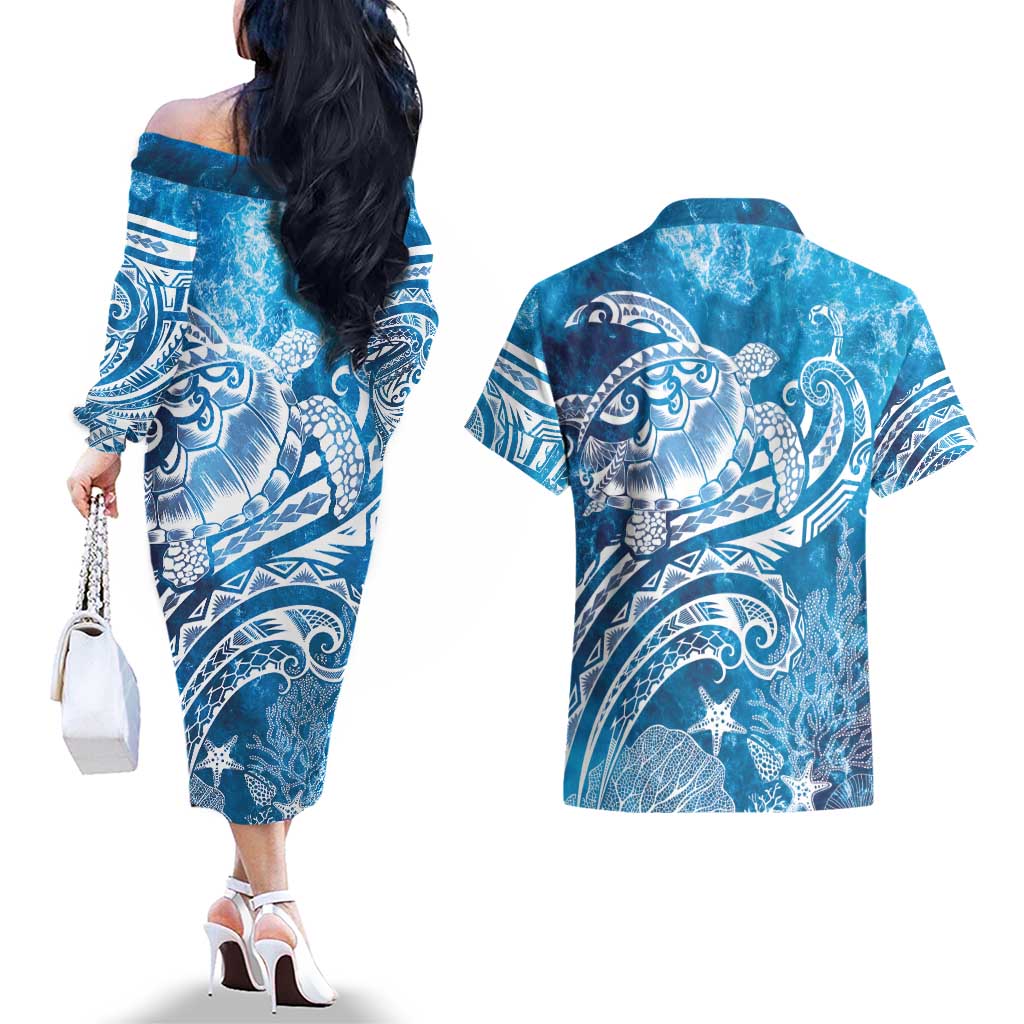 World Ocean Day Polynesian Pattern Couples Matching Off The Shoulder Long Sleeve Dress and Hawaiian Shirt Crystal Waves
