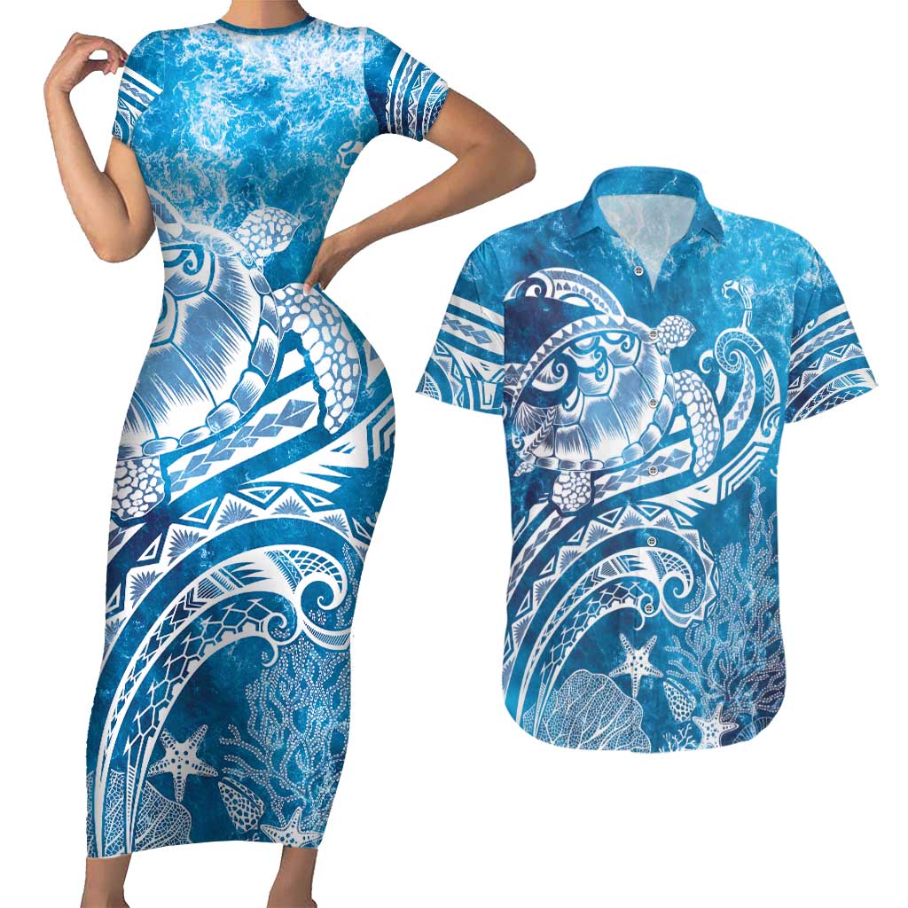 World Ocean Day Polynesian Pattern Couples Matching Short Sleeve Bodycon Dress and Hawaiian Shirt Crystal Waves
