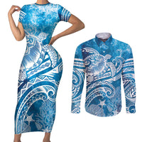 World Ocean Day Polynesian Pattern Couples Matching Short Sleeve Bodycon Dress and Long Sleeve Button Shirt Crystal Waves