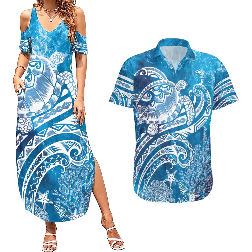 World Ocean Day Polynesian Pattern Couples Matching Summer Maxi Dress and Hawaiian Shirt Crystal Waves