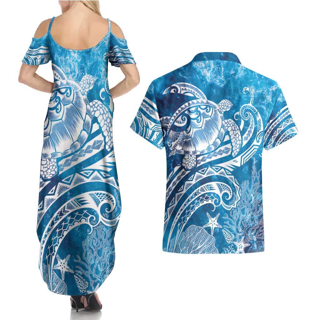 World Ocean Day Polynesian Pattern Couples Matching Summer Maxi Dress and Hawaiian Shirt Crystal Waves