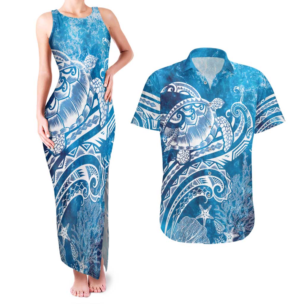 World Ocean Day Polynesian Pattern Couples Matching Tank Maxi Dress and Hawaiian Shirt Crystal Waves