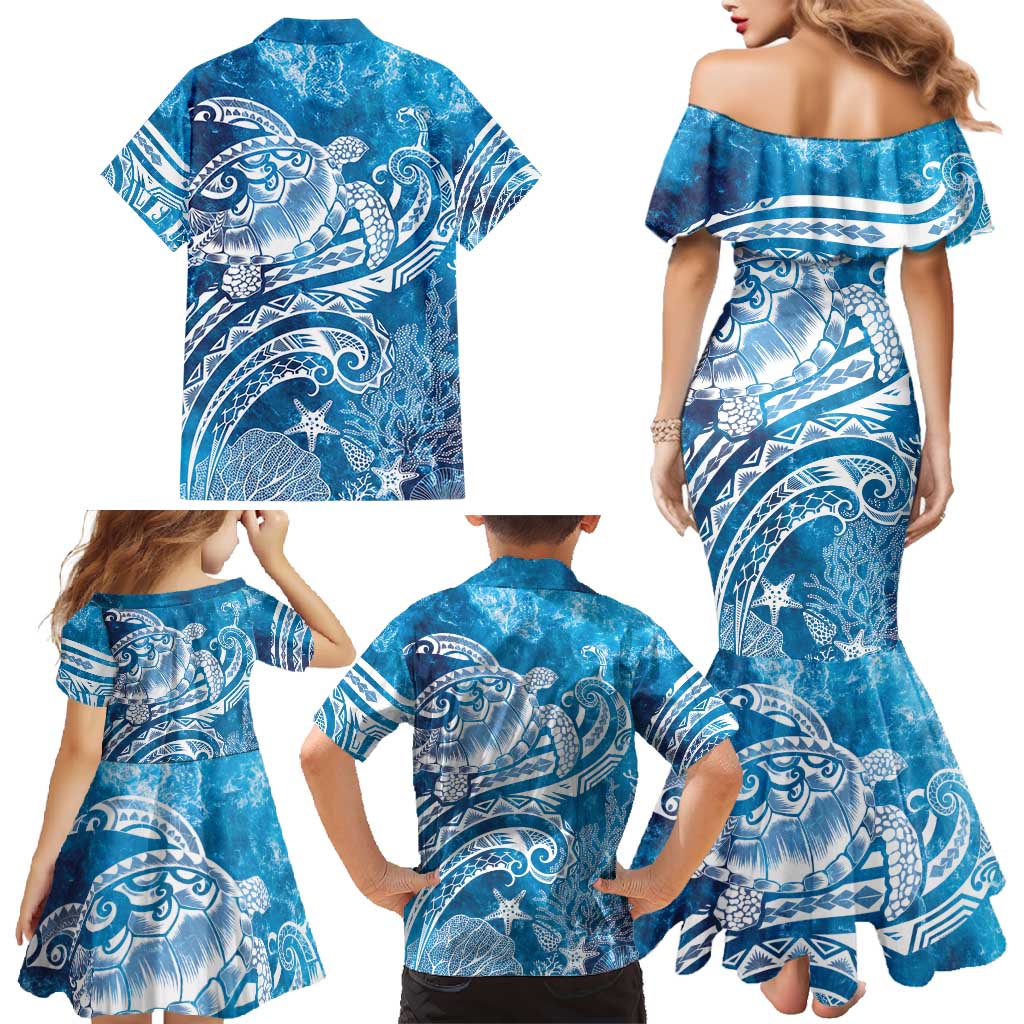 World Ocean Day Polynesian Pattern Family Matching Mermaid Dress and Hawaiian Shirt Crystal Waves