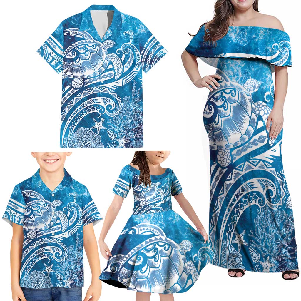 World Ocean Day Polynesian Pattern Family Matching Off Shoulder Maxi Dress and Hawaiian Shirt Crystal Waves