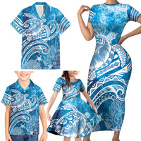 World Ocean Day Polynesian Pattern Family Matching Short Sleeve Bodycon Dress and Hawaiian Shirt Crystal Waves