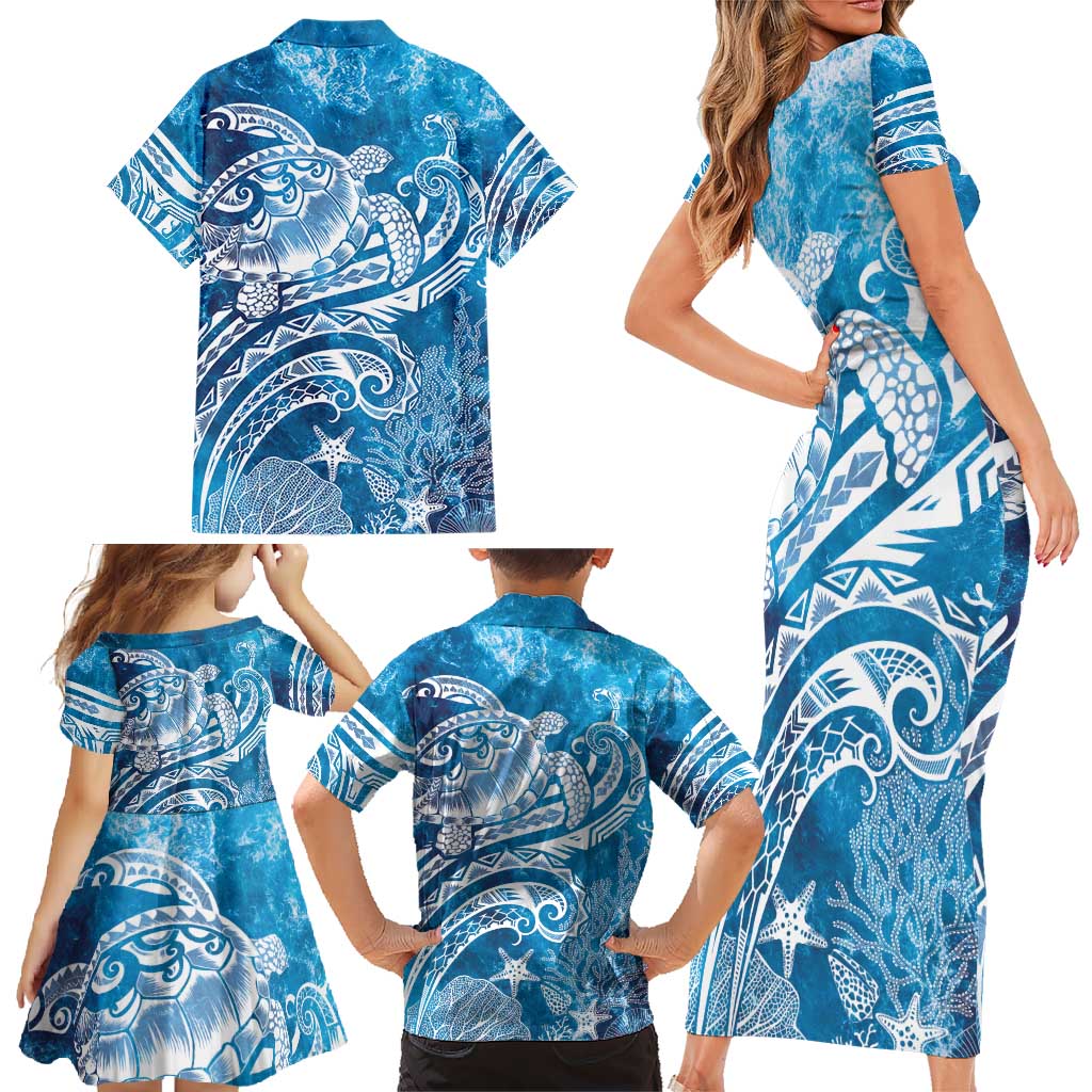 World Ocean Day Polynesian Pattern Family Matching Short Sleeve Bodycon Dress and Hawaiian Shirt Crystal Waves