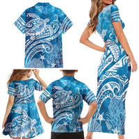 World Ocean Day Polynesian Pattern Family Matching Short Sleeve Bodycon Dress and Hawaiian Shirt Crystal Waves