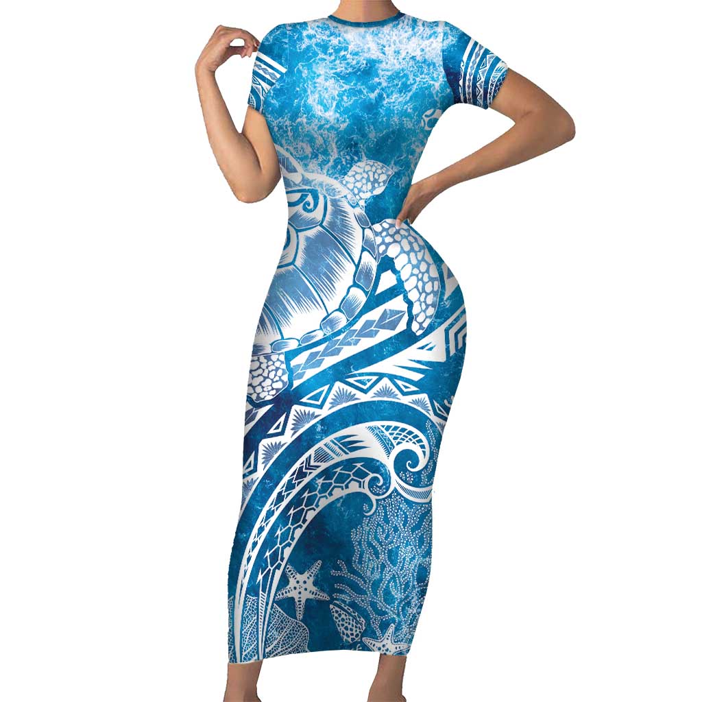 World Ocean Day Polynesian Pattern Family Matching Short Sleeve Bodycon Dress and Hawaiian Shirt Crystal Waves