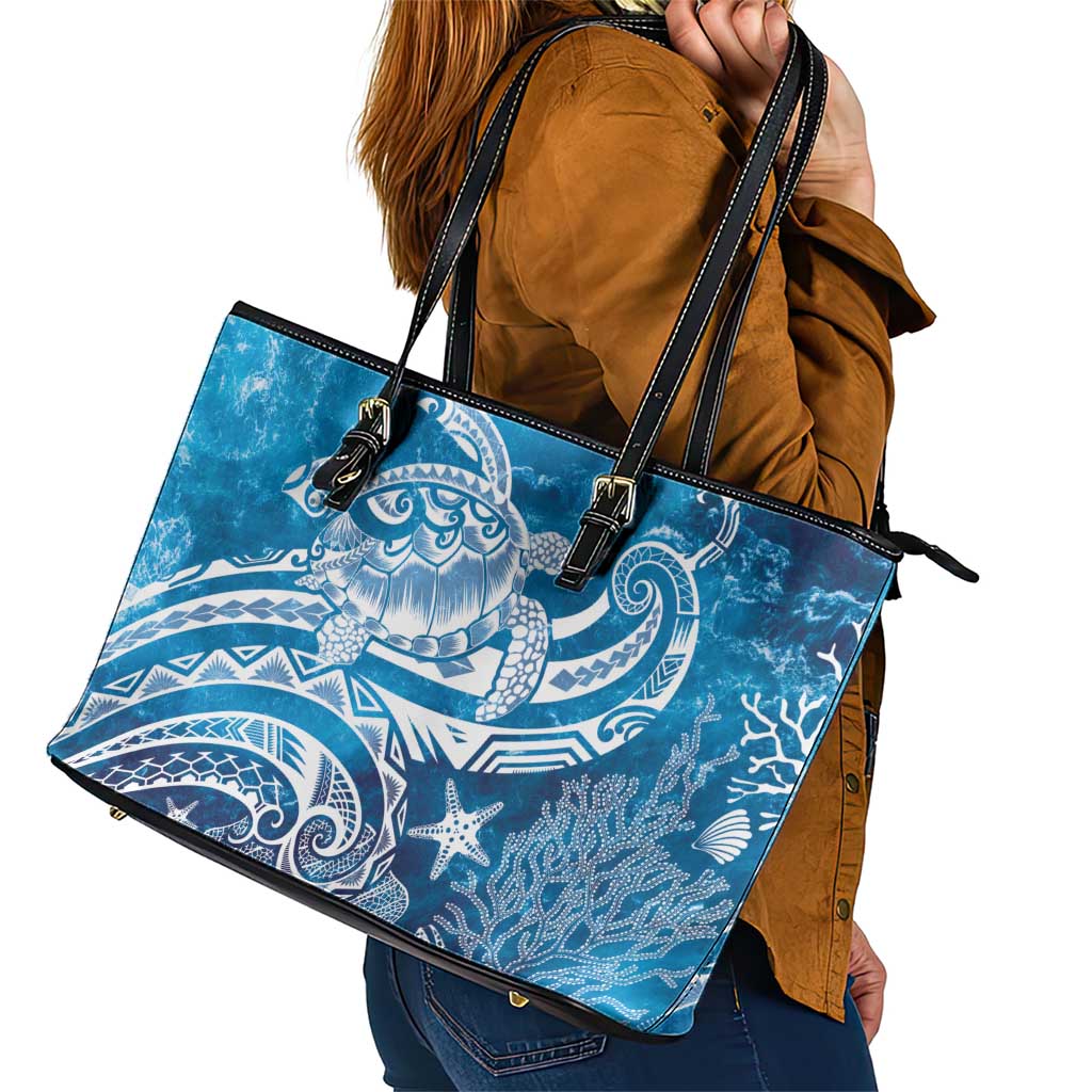 World Ocean Day Polynesian Pattern Leather Tote Bag Crystal Waves