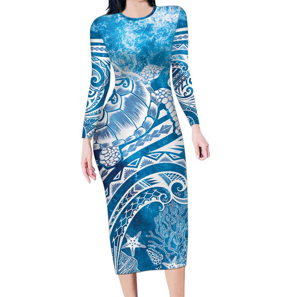 World Ocean Day Polynesian Pattern Long Sleeve Bodycon Dress Crystal Waves