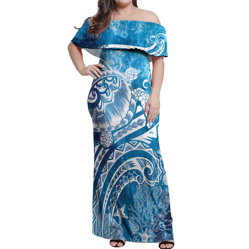 World Ocean Day Polynesian Pattern Off Shoulder Maxi Dress Crystal Waves LT7 Women Blue - Polynesian Pride