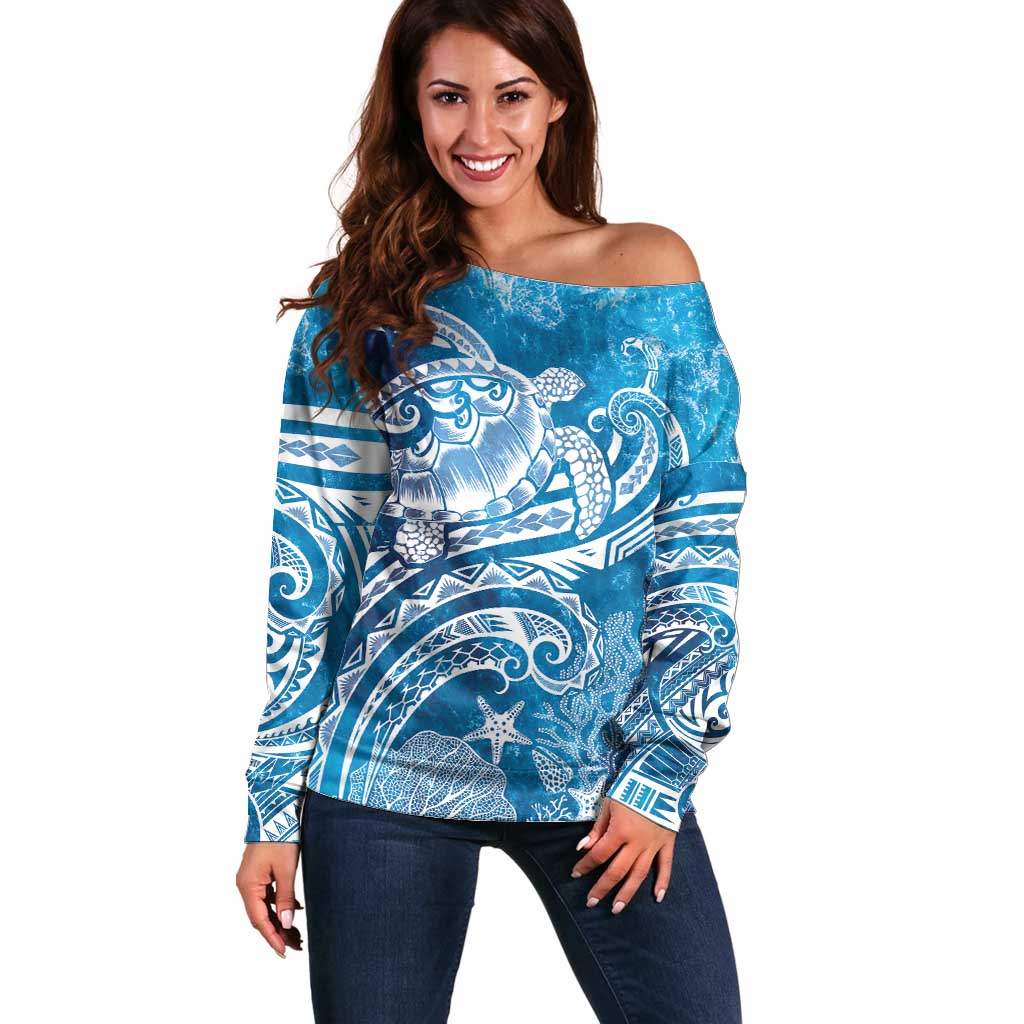World Ocean Day Polynesian Pattern Off Shoulder Sweater Crystal Waves