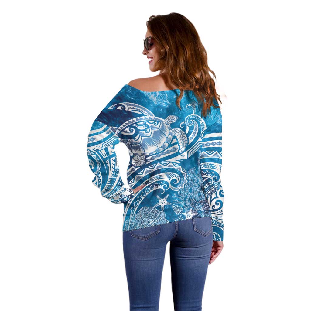 World Ocean Day Polynesian Pattern Off Shoulder Sweater Crystal Waves