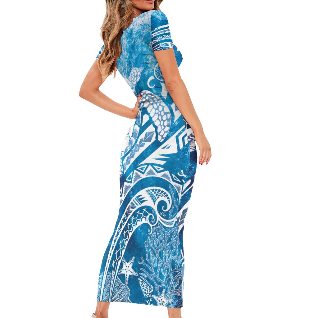 World Ocean Day Polynesian Pattern Short Sleeve Bodycon Dress Crystal Waves