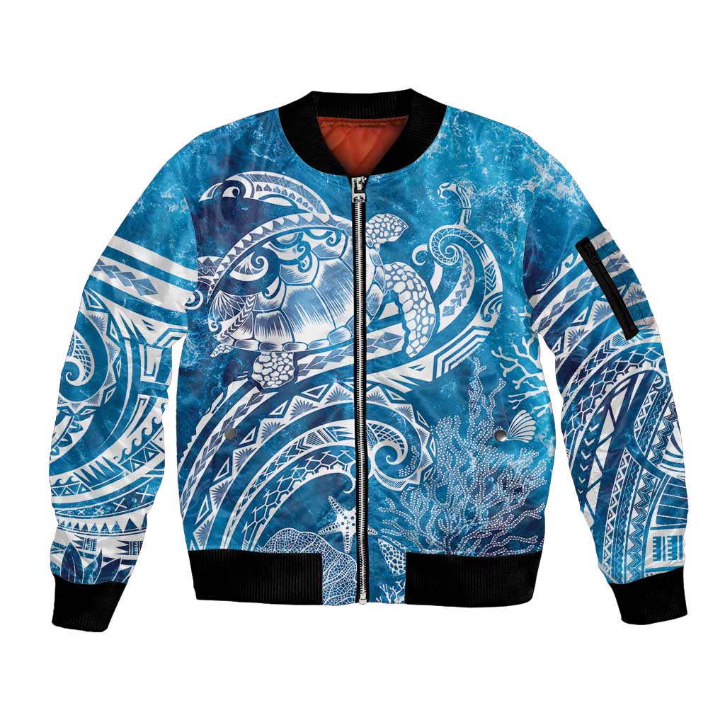 World Ocean Day Polynesian Pattern Sleeve Zip Bomber Jacket Crystal Waves
