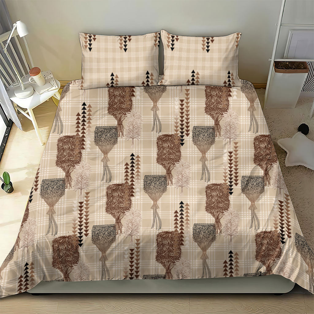 Aloha Hawaii Vintage Kahili Pa'a Lima Bedding Set Palaka Print Cozy Beige