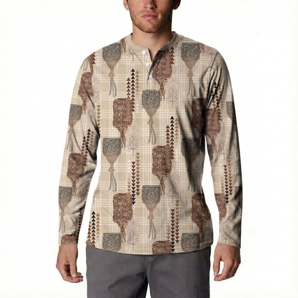 Aloha Hawaii Vintage Kahili Pa'a Lima Button Sweatshirt Palaka Print Cozy Beige