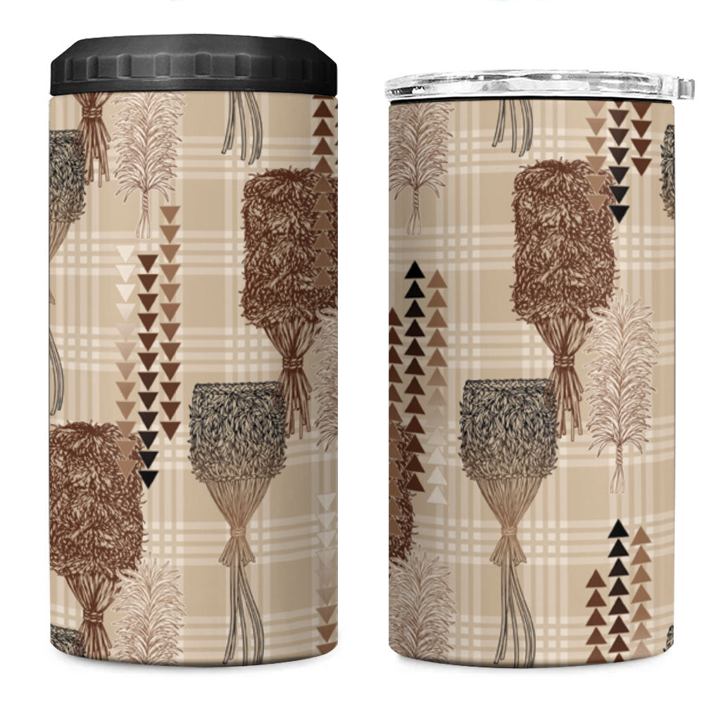Aloha Hawaii Vintage Kahili Pa'a Lima 4 in 1 Can Cooler Tumbler Palaka Print Cozy Beige