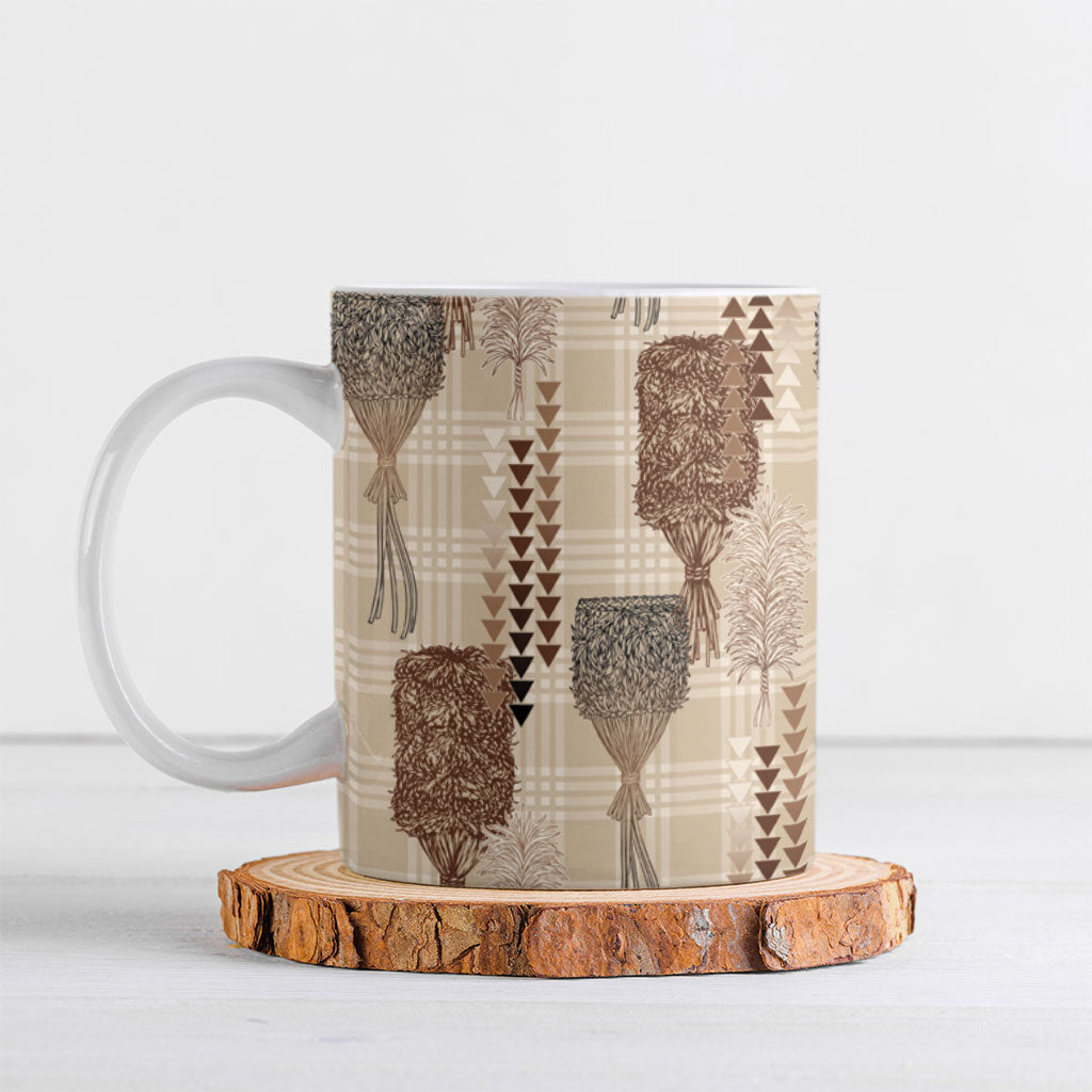 Aloha Hawaii Vintage Kahili Pa'a Lima Ceramic Mug Palaka Print Cozy Beige