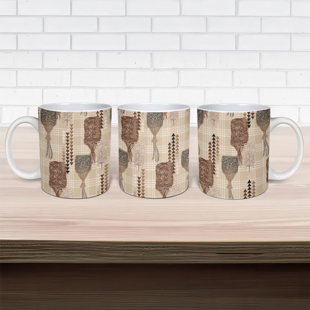 Aloha Hawaii Vintage Kahili Pa'a Lima Ceramic Mug Palaka Print Cozy Beige