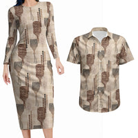 Aloha Hawaii Vintage Kahili Pa'a Lima Couples Matching Long Sleeve Bodycon Dress and Hawaiian Shirt Palaka Print Cozy Beige