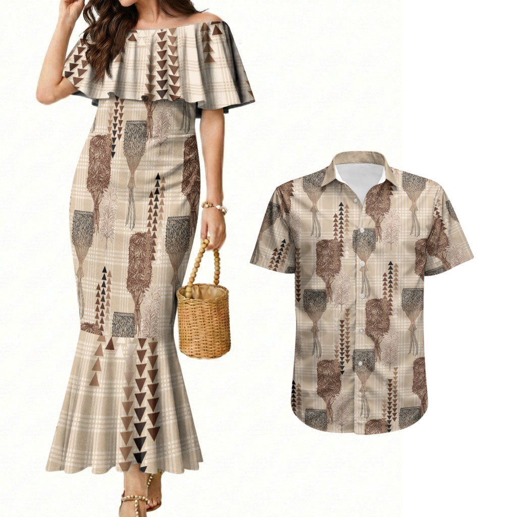 Aloha Hawaii Vintage Kahili Pa'a Lima Couples Matching Mermaid Dress and Hawaiian Shirt Palaka Print Cozy Beige LT7 Beige - Polynesian Pride