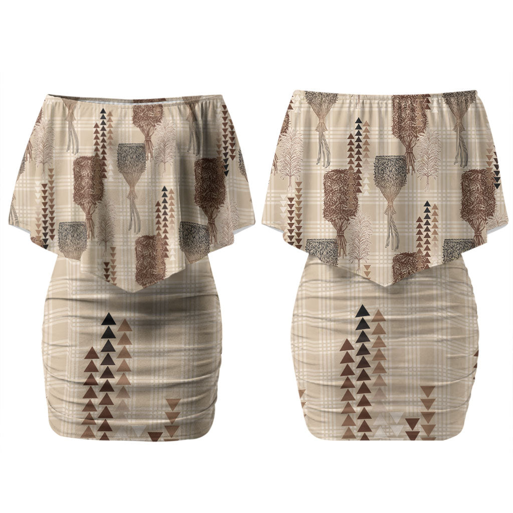 Aloha Hawaii Vintage Kahili Pa'a Lima Couples Matching Off Shoulder Short Dress and Long Sleeve Button Shirt Palaka Print Cozy Beige