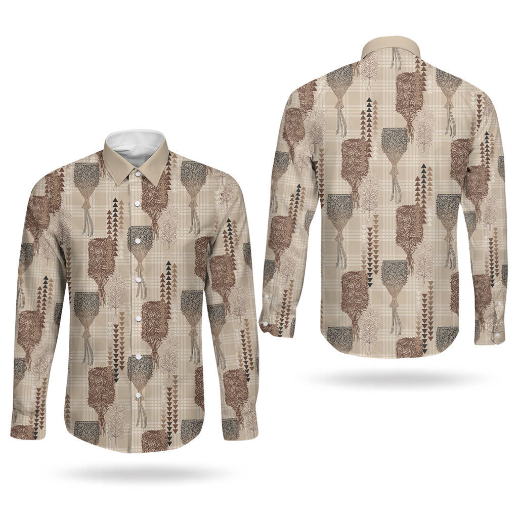 Aloha Hawaii Vintage Kahili Pa'a Lima Couples Matching Off The Shoulder Long Sleeve Dress and Long Sleeve Button Shirt Palaka Print Cozy Beige