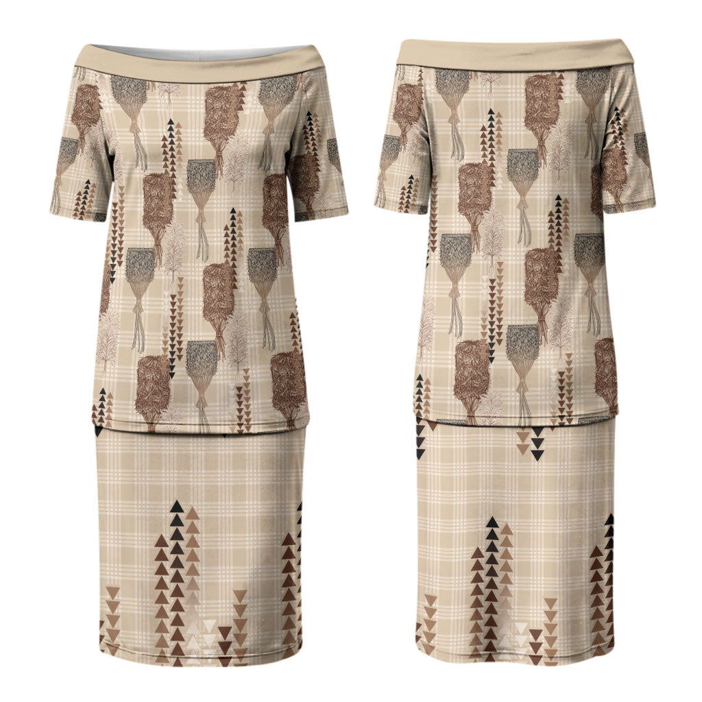Aloha Hawaii Vintage Kahili Pa'a Lima Couples Matching Puletasi and Hawaiian Shirt Palaka Print Cozy Beige
