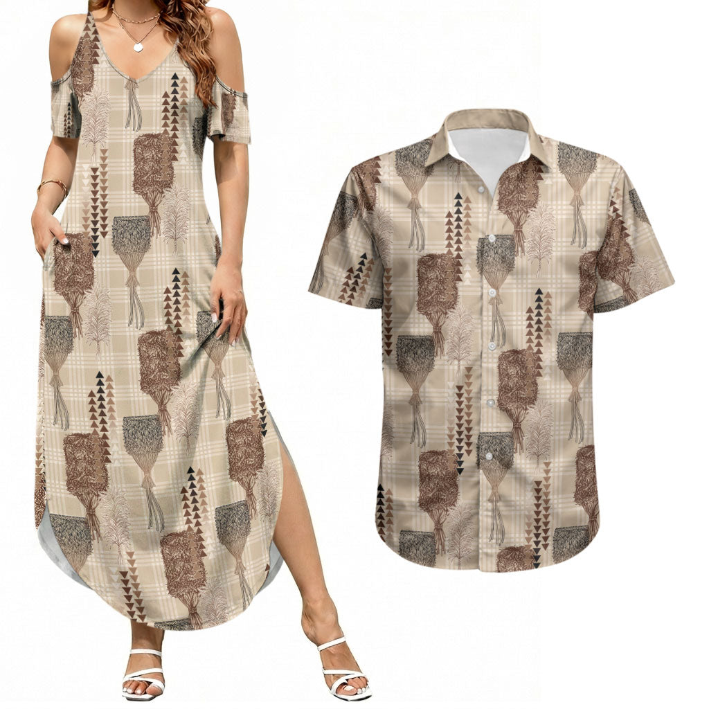 Aloha Hawaii Vintage Kahili Pa'a Lima Couples Matching Summer Maxi Dress and Hawaiian Shirt Palaka Print Cozy Beige LT7 Beige - Polynesian Pride
