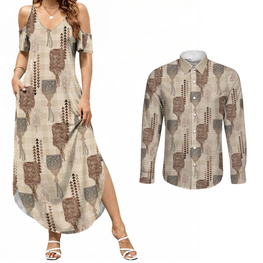 Aloha Hawaii Vintage Kahili Pa'a Lima Couples Matching Summer Maxi Dress and Long Sleeve Button Shirt Palaka Print Cozy Beige